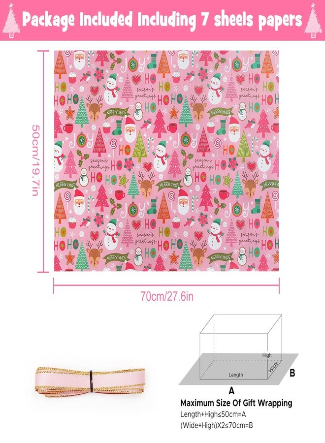 AirCool Baby Pink Merry Christmas Santa Wrapping Paper with Ribbon - 7 Sheets, 28x20 Inches - Perfect for Kids, Girls & Women - Image 2